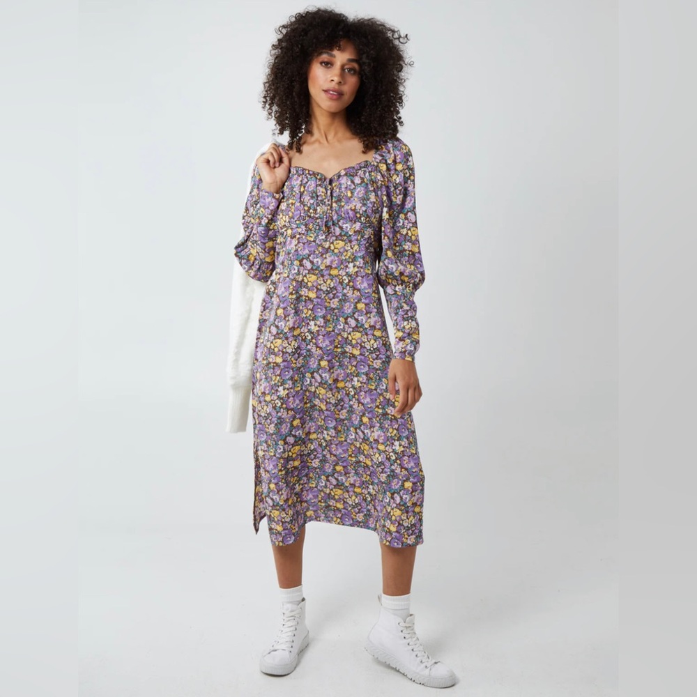 Be Fore Dawn Curve Purple Yellow Bridget Corset Front Long Sleeved Midi Dress